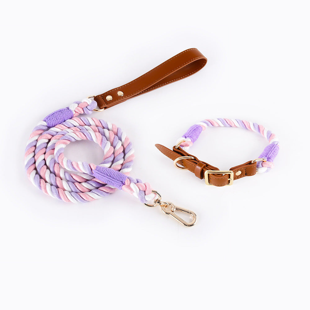 Premium Leather Pet Collar and Leash - Soft, Strong Braided Rope Pink Purple - Size M