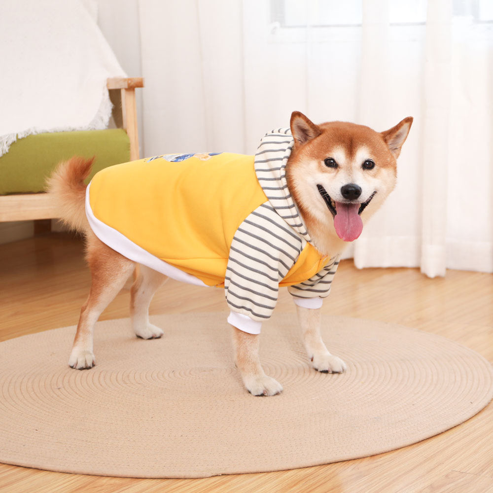 Autumn/Winter Dog Clothes - Yellow Hoodie with Striped Hood & Baseball Bear Size - 2XL