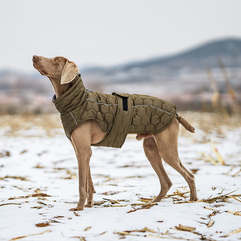 Size M Olive Green Warm Quilted Dog Winter Coat - Adjustable Fleece-Lined Puffer Vest with Reflective Trim & Leash Port
