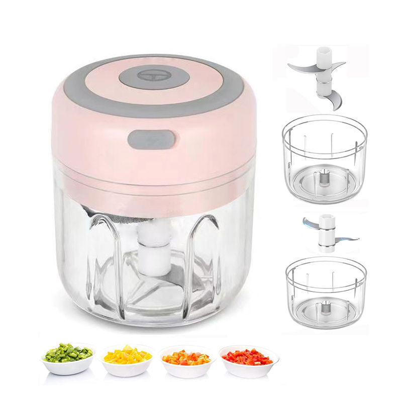 Pink Compact Cordless Electric Mini Food Chopper Set - USB Rechargeable Garlic Masher & Veggie Dicer 100ml & 250ml