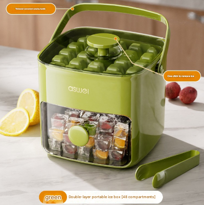 Green Innovative Press-Release Ice Cube Maker - Dual Layer Trays & Storage Bin 48 Cubes