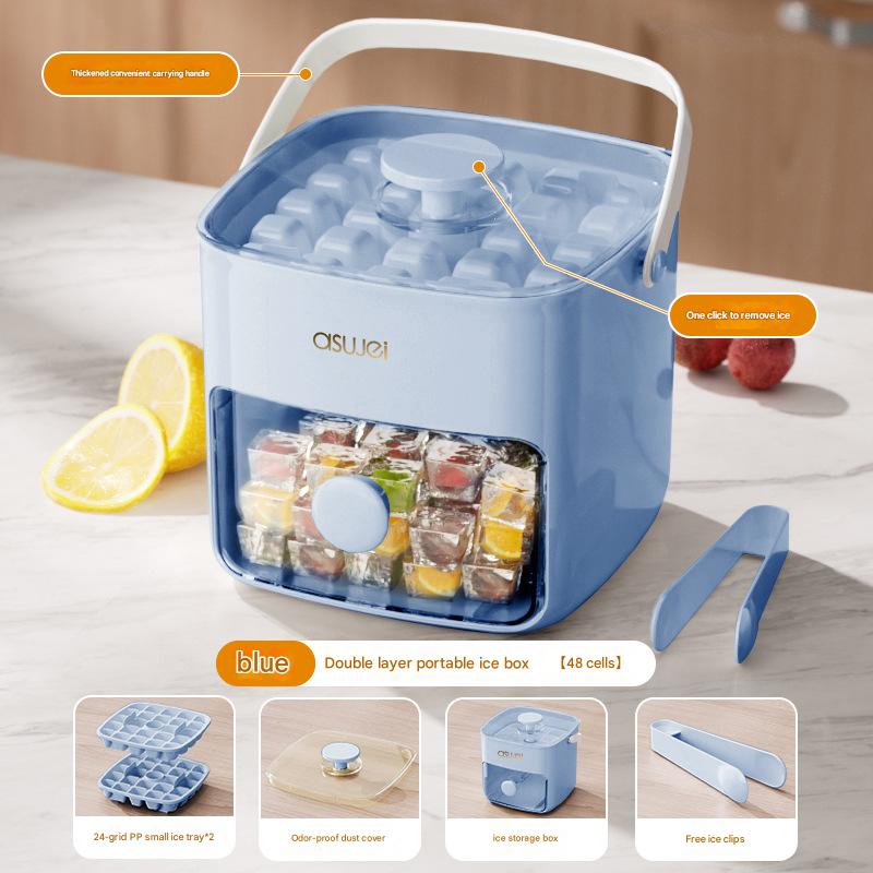 Blue Innovative Press-Release Ice Cube Maker - Dual Layer Trays & Storage Bin 48 Cubes