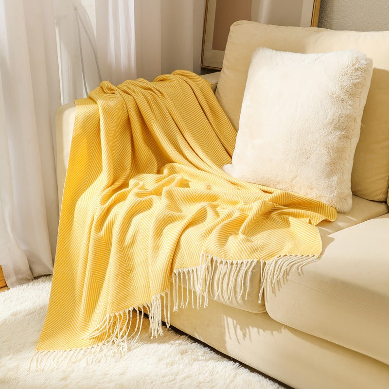 Yellow Elegant Herringbone Tassel Throw Blanket - Large Acrylic Faux Cashmere Soft Cozy Blanket for Sofa, Bed & Decor 130x240cm