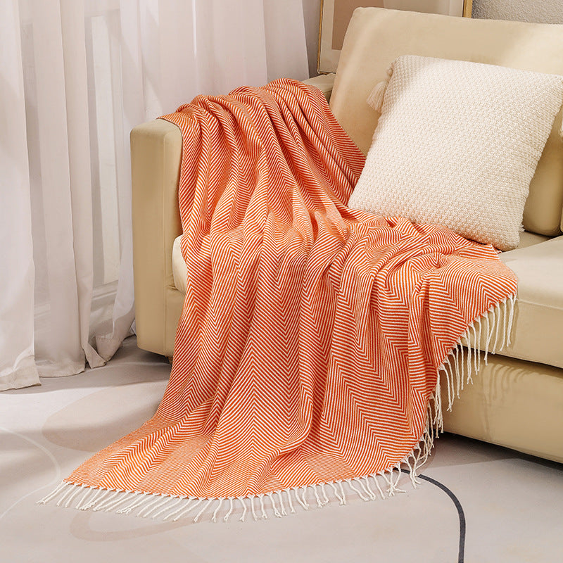 Orange Elegant Herringbone Tassel Throw Blanket - Large Acrylic Faux Cashmere Soft Cozy Blanket for Sofa, Bed & Decor 130x240cm
