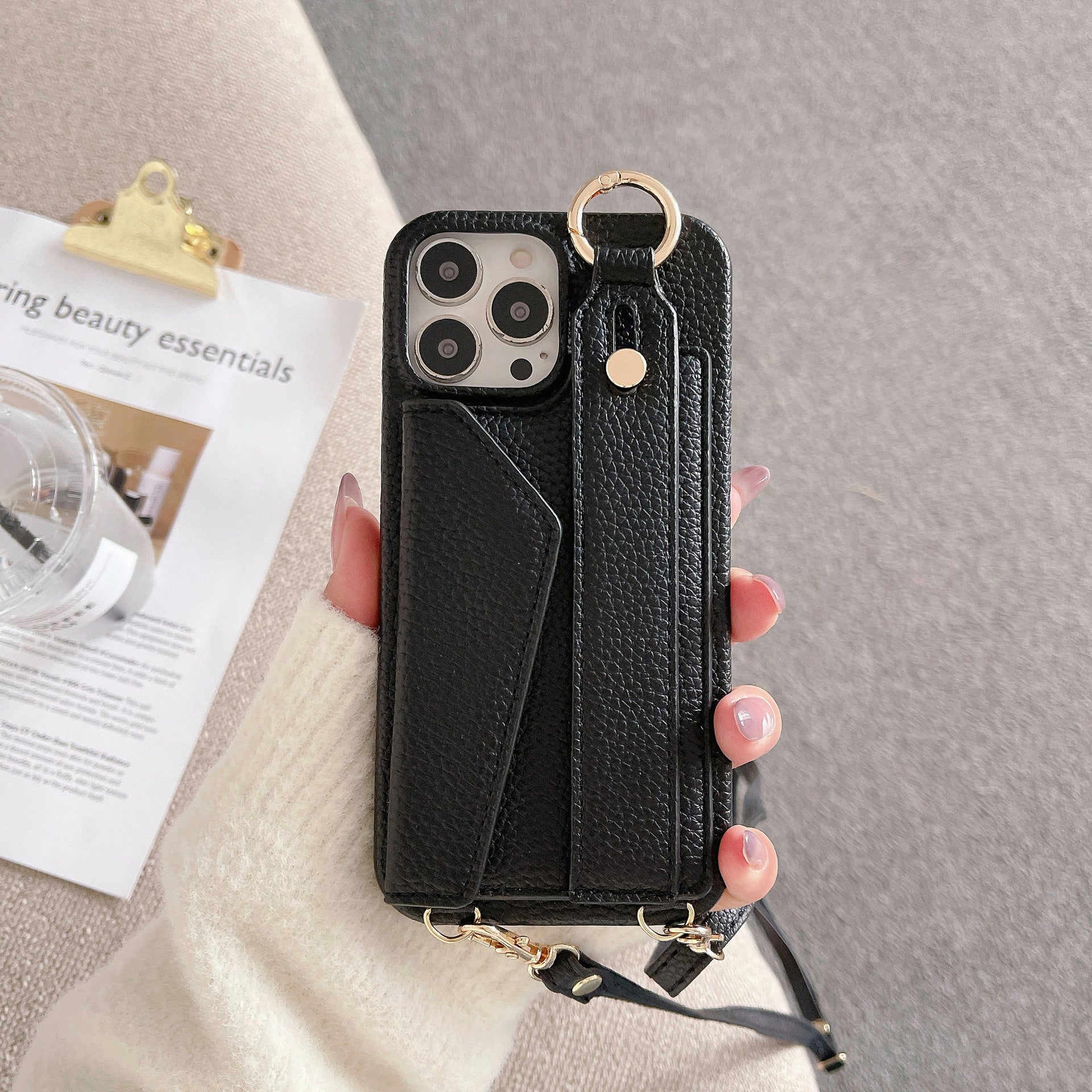 Black Chic PU Leather Crossbody Wallet Case for iPhone 16 Pro Max - Card Holder with Detachable Strap & Finger Ring Grip