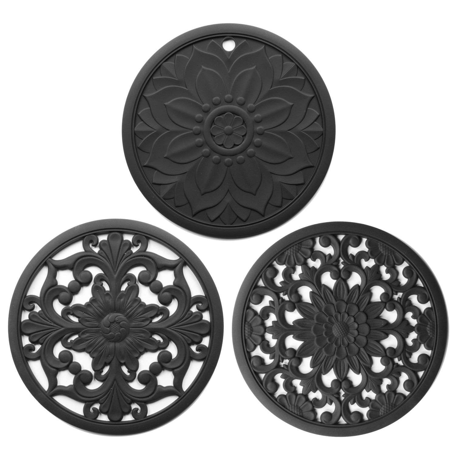 Elegant Floral Silicone Trivet Mat Set 3-Pack, Black - Heat Resistant, Non-Slip Kitchen Hot Pads & Pot Holders