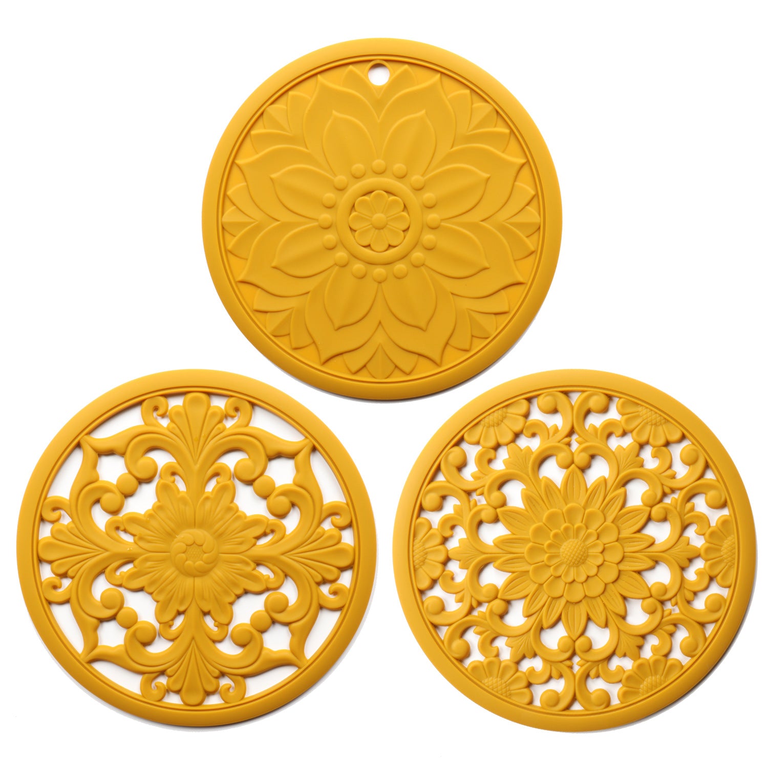 Elegant Floral Silicone Trivet Mat Set 3-Pack, Yellow - Heat Resistant, Non-Slip Kitchen Hot Pads & Pot Holders