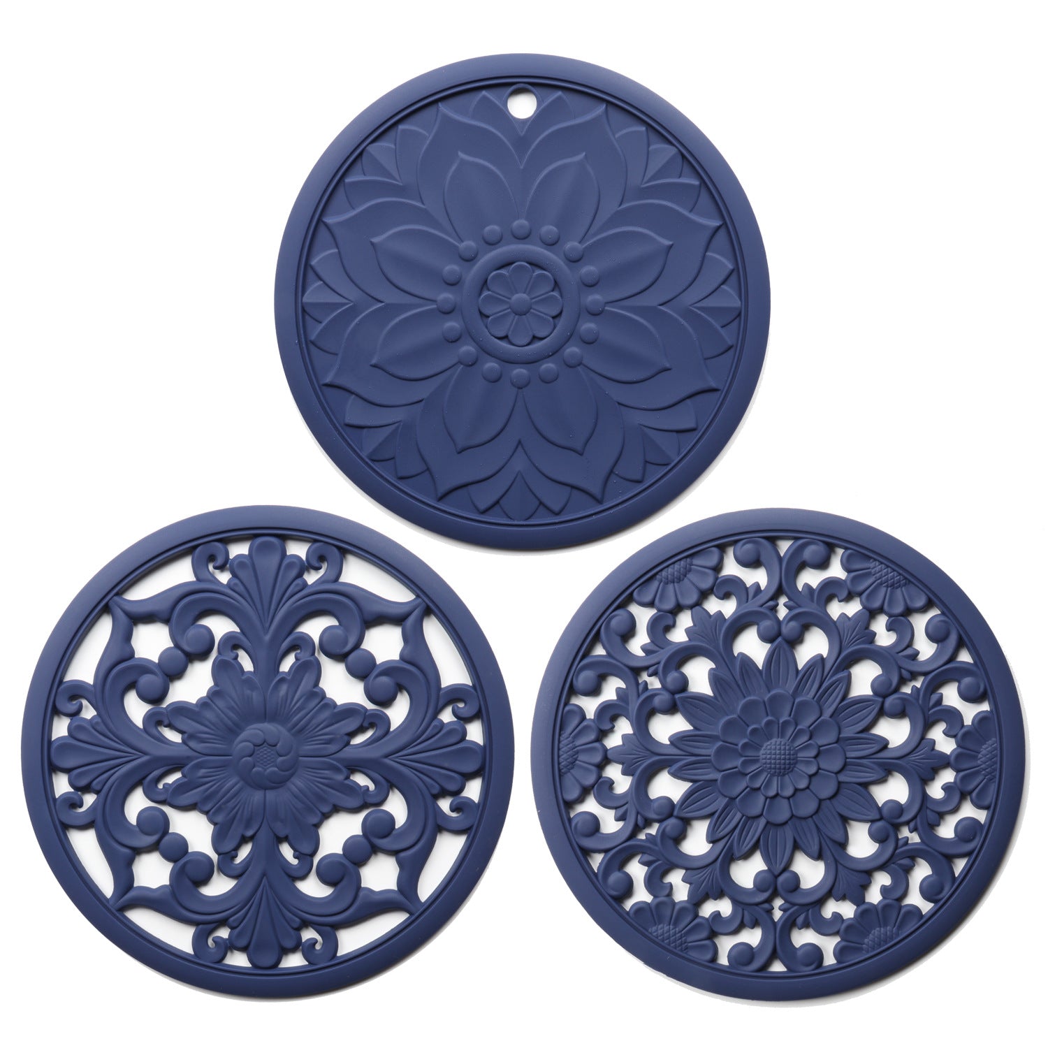Elegant Floral Silicone Trivet Mat Set 3-Pack, Dark Blue - Heat Resistant, Non-Slip Kitchen Hot Pads & Pot Holders