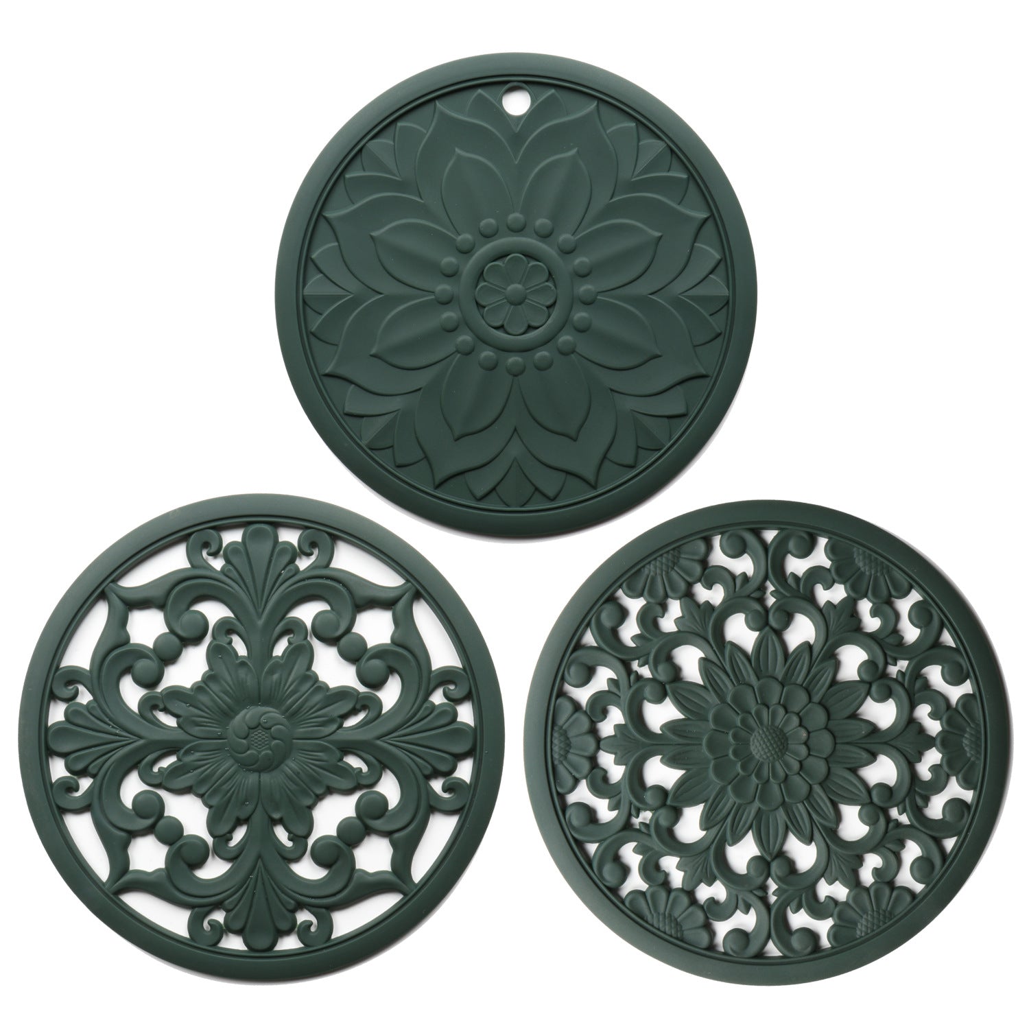 Elegant Floral Silicone Trivet Mat Set 3-Pack, Dark Green - Heat Resistant, Non-Slip Kitchen Hot Pads & Pot Holders