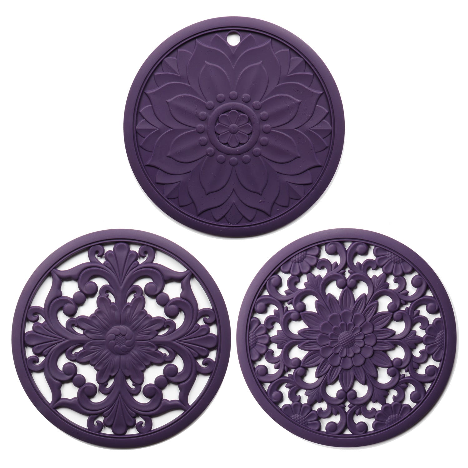Elegant Floral Silicone Trivet Mat Set 3-Pack, Dark Purple - Heat Resistant, Non-Slip Kitchen Hot Pads & Pot Holders
