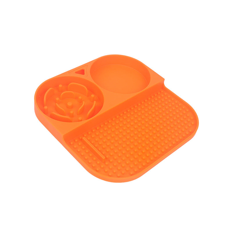 2 Pcs Orange 3-in-1 Silicone Pet Slow Feeder & Lick Mat with Water Bowl - Non-Slip Design for Dogs & Cats