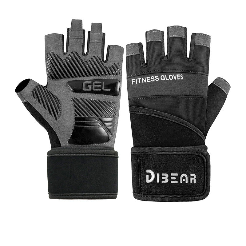 Size L Black Heavy Duty Workout Gloves with Wrist Support - Anti-Slip Gel Padded Gym Gloves for Weightlifting, Training & Fitness