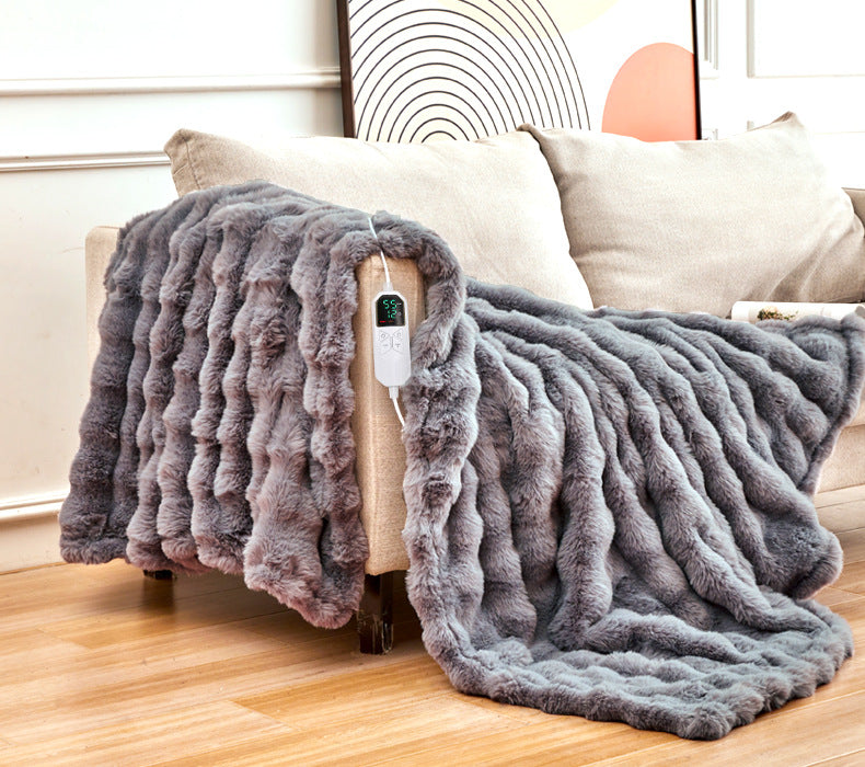 130*180CM Grey Luxurious Faux Rabbit Fur Electric Heated Throw Blanket - Cozy Warmer with 9 Heat Settings & Timer AU Plug