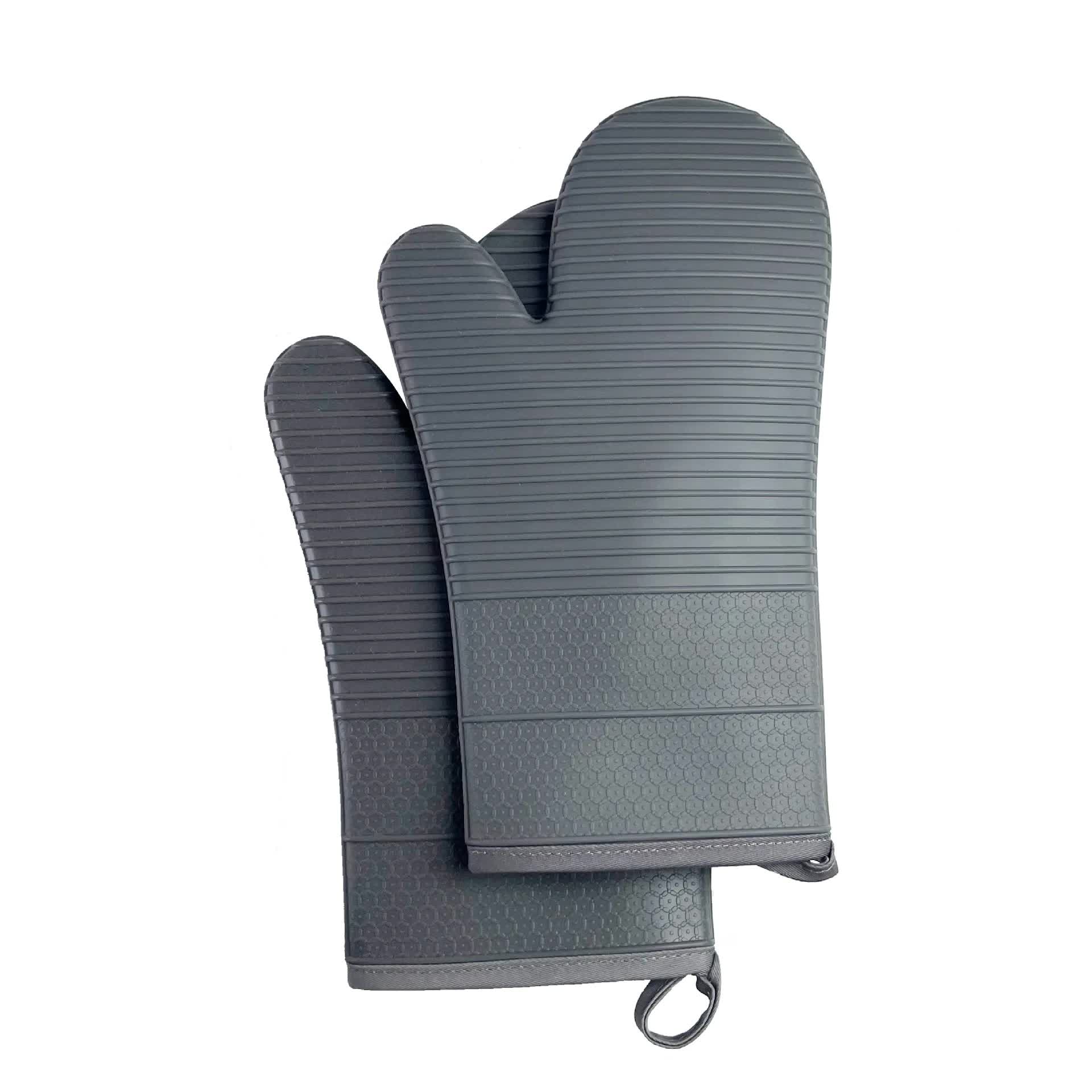 Grey Premium Heat Resistant Silicone Oven Mitts Pair - Non-Slip Grip, Cotton Lined for Kitchen Baking, Grilling & BBQ