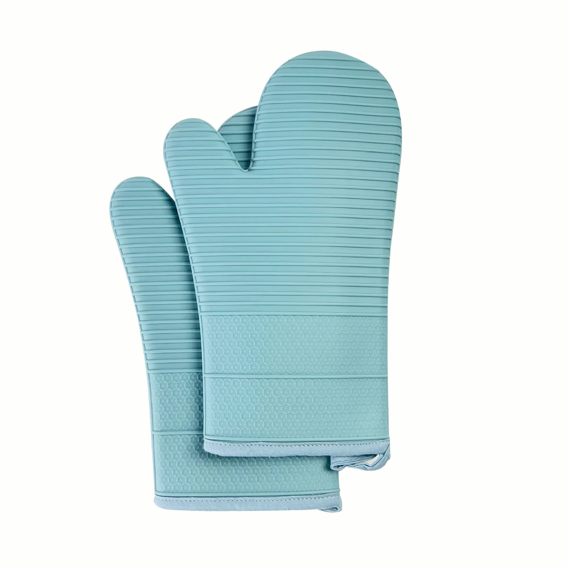 Blue Premium Heat Resistant Silicone Oven Mitts Pair - Non-Slip Grip, Cotton Lined for Kitchen Baking, Grilling & BBQ