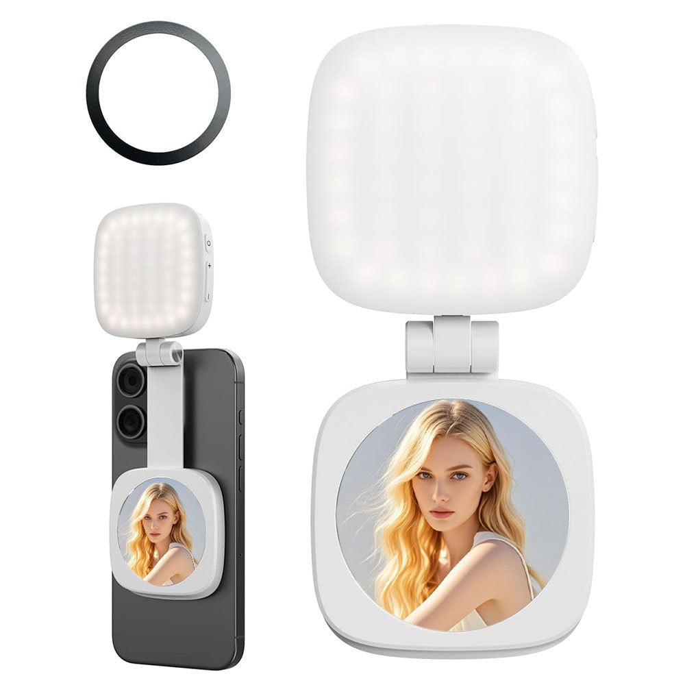 White Magnetic Foldable Selfie Light with Mirror - Rechargeable LED Fill Light for iPhone & Android Vlogging Mobile phone is a shooting prop and is not included