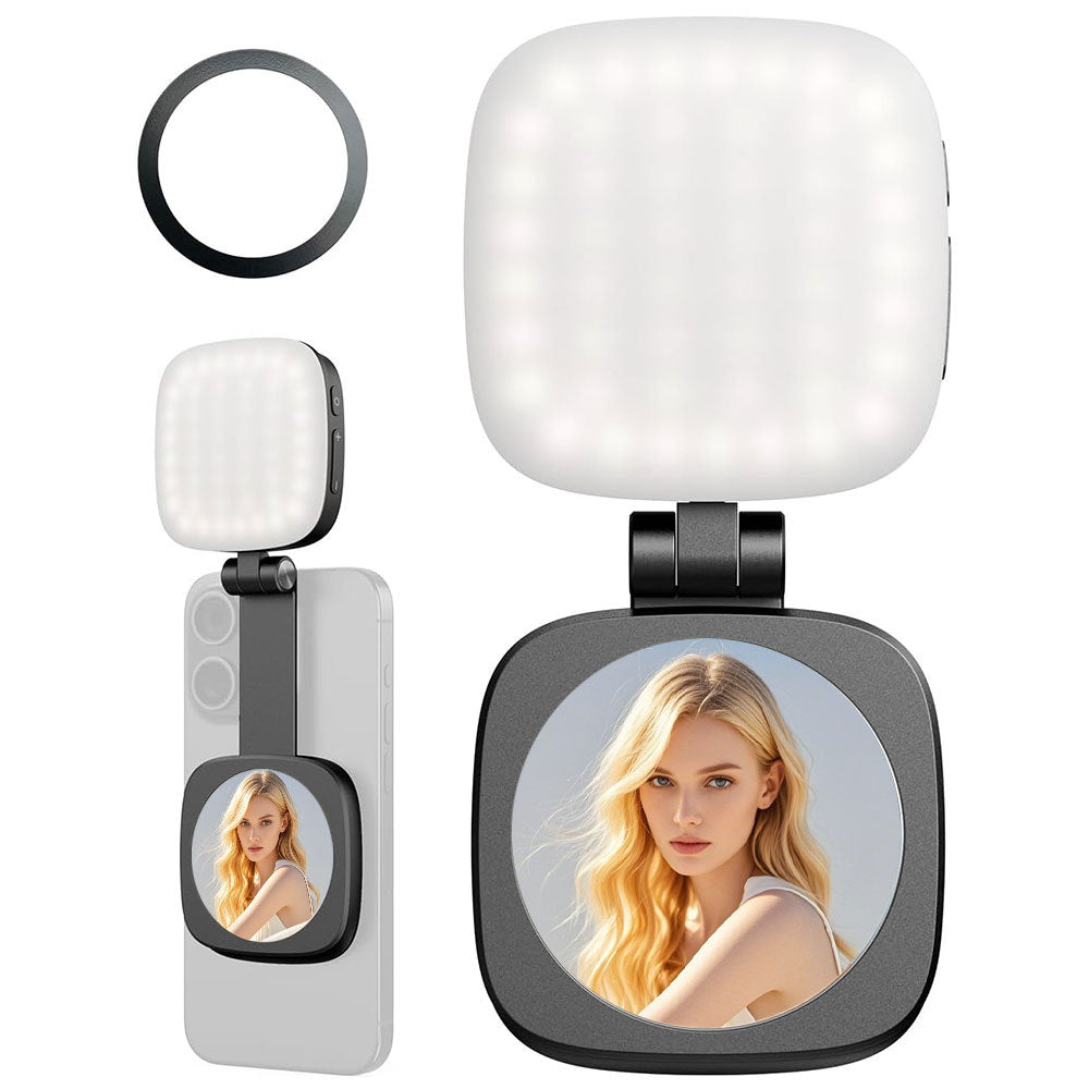 Black Magnetic Foldable Selfie Light with Mirror - Rechargeable LED Fill Light for iPhone & Android Vlogging Mobile phone is a shooting prop and is not included