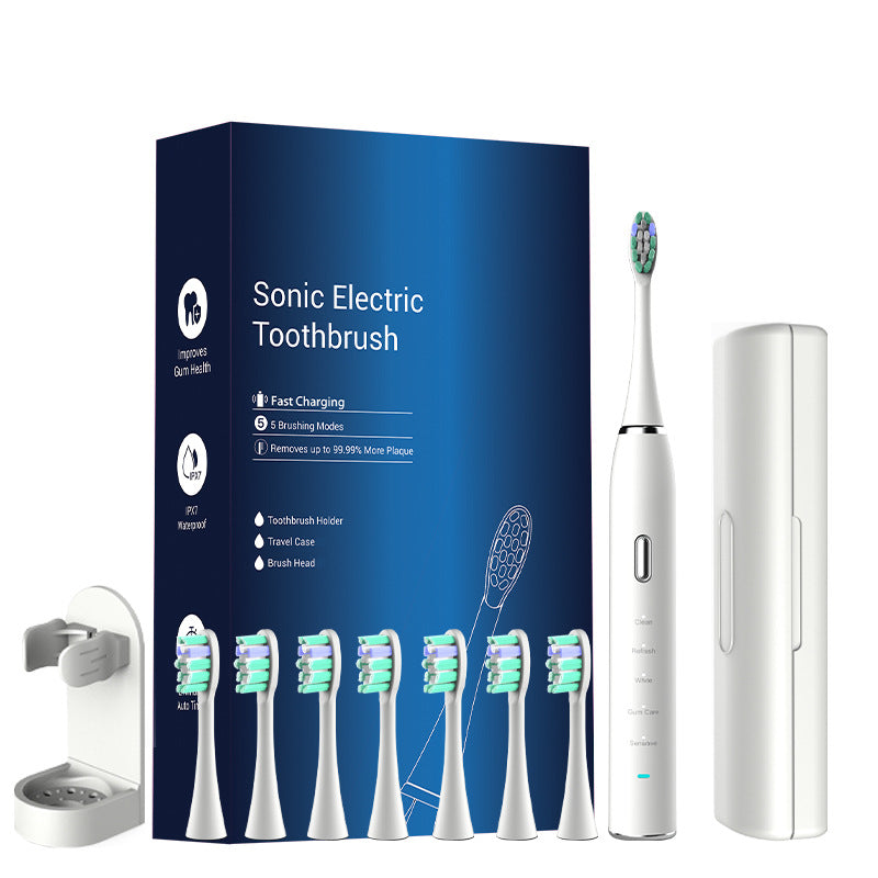 White Sonic Rechargeable Electric Toothbrush with 8 Heads & Travel Case - 5 Brushing Modes & Smart Timer USB
