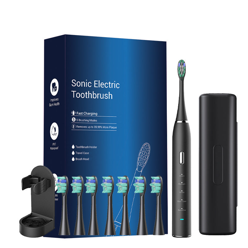 Black Sonic Rechargeable Electric Toothbrush with 8 Heads & Travel Case - 5 Brushing Modes & Smart Timer USB