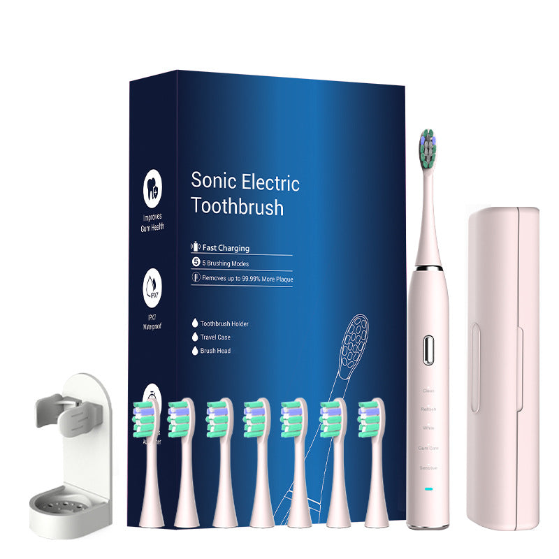 Pink Sonic Rechargeable Electric Toothbrush with 8 Heads & Travel Case - 5 Brushing Modes & Smart Timer USB