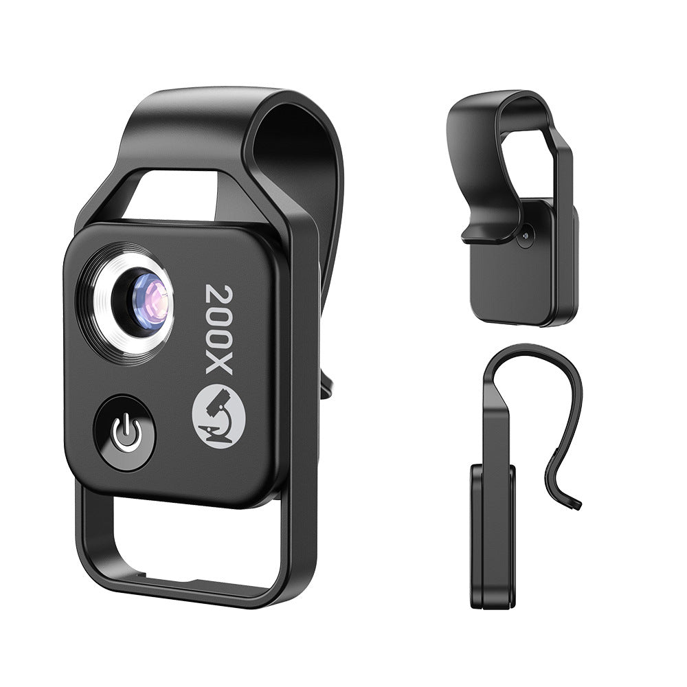 Black Portable 200X Clip-On Microscope Lens for Smartphone - HD Pocket Magnifier with CPL Filter and LED Light excluding mobile phones