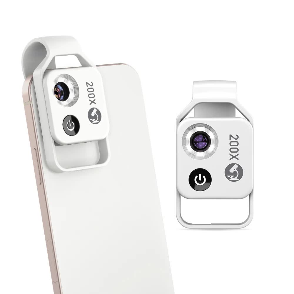 White Portable 200X Clip-On Microscope Lens for Smartphone - HD Pocket Magnifier with CPL Filter and LED Light excluding mobile phones