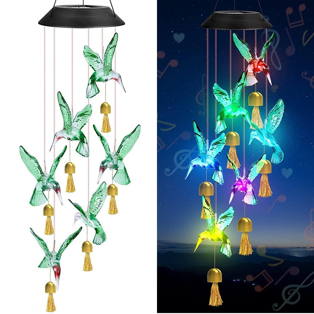 Green Solar Powered Hummingbird Wind Chime With bell - Color-Changing LED Hanging Garden Light Outdoor Decor