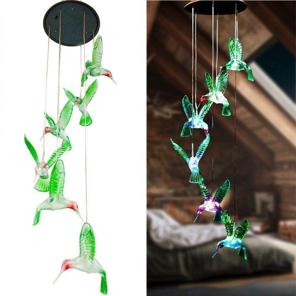 Green Solar Powered Hummingbird Wind Chime Without bell - Color-Changing LED Hanging Garden Light Outdoor Decor