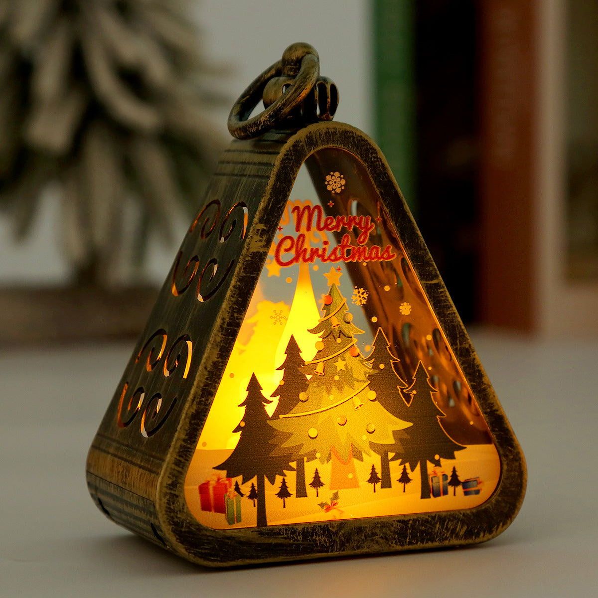 Bronze color Christmas tree Charming Christmas Scene Mini Lanterns Set of 3 - Battery Operated LED Lights for a Cozy Holiday Glow