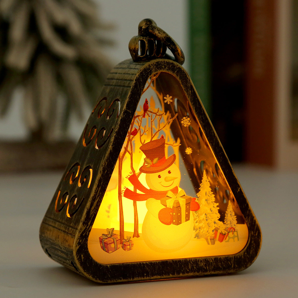 Bronze color Snowman Charming Christmas Scene Mini Lanterns Set of 3 - Battery Operated LED Lights for a Cozy Holiday Glow