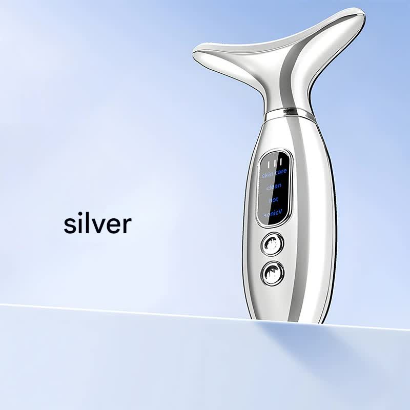 Multi-Functional Neck & Face Beauty Massager - Constant Heat, Ion Infusion & Sonic Vibration silver