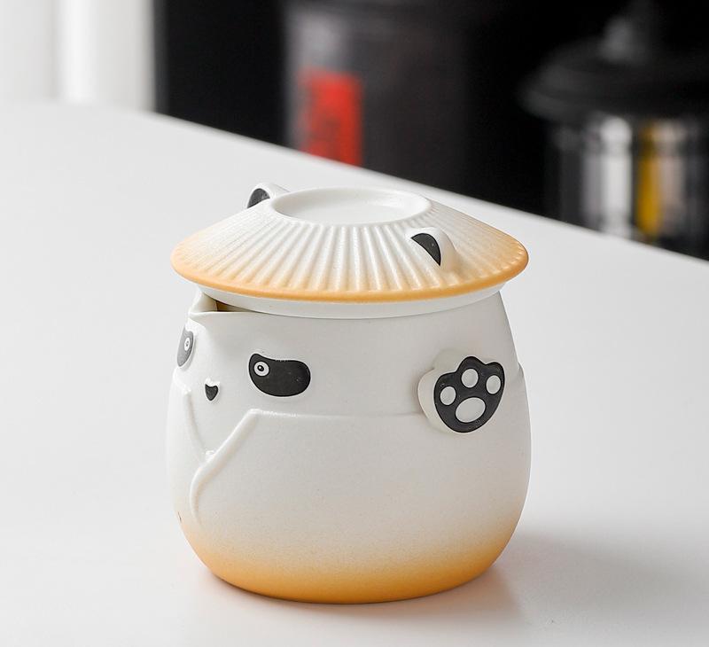 Adorable Panda Design Ceramic Tea Infuser Mug Set - 310ml Travel Crackle Glaze Cup with Lid & Strainer orange