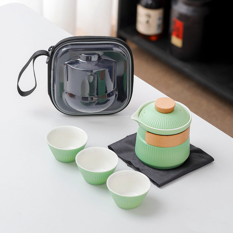 Portable Ceramic Travel Tea Set - One Pot Three Cups with Carrying Case, Elegant Frosted Finish green
