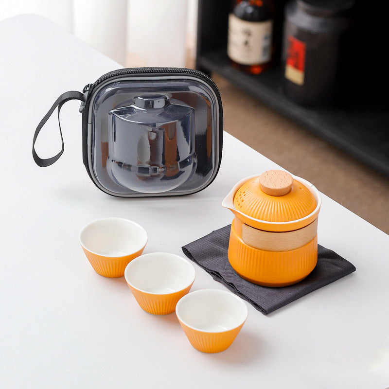 Portable Ceramic Travel Tea Set - One Pot Three Cups with Carrying Case, Elegant Frosted Finish yellow