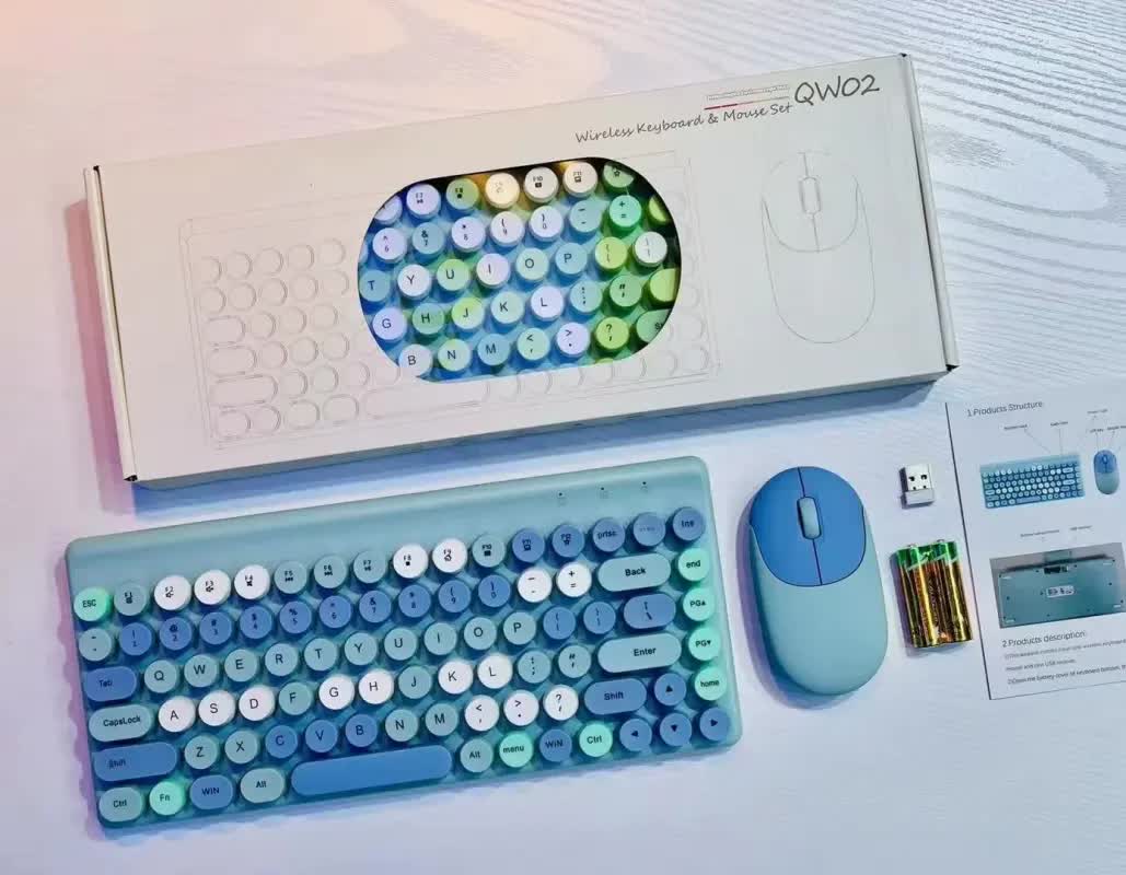 Wireless Keyboard & Mouse Combo - Retro Round Keycaps, 2.4GHz Ergonomic Design blue