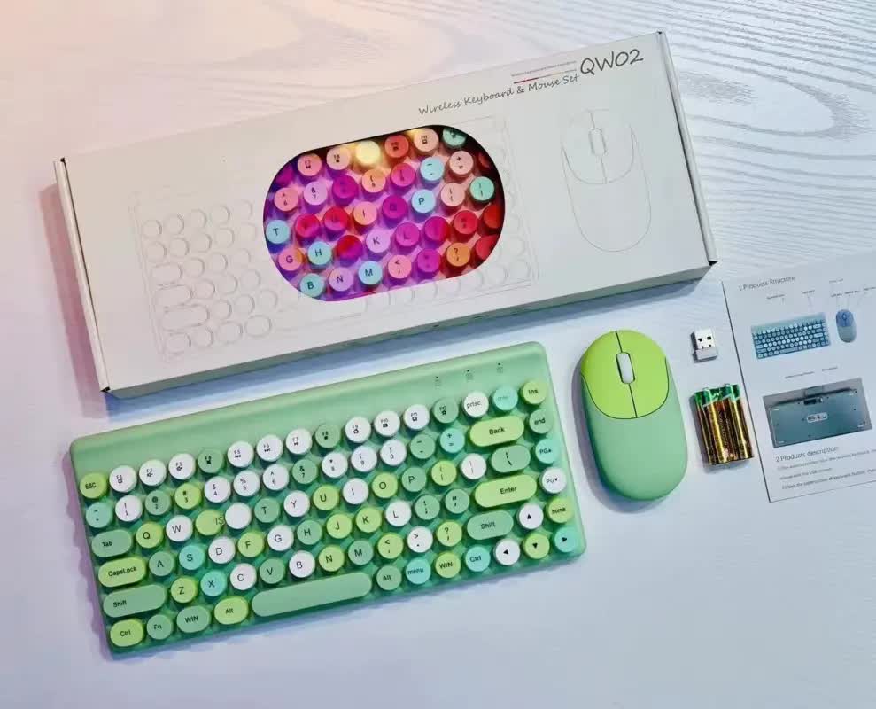 Wireless Keyboard & Mouse Combo - Retro Round Keycaps, 2.4GHz Ergonomic Design green