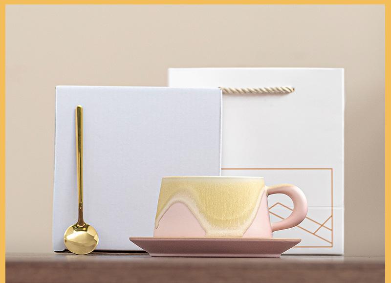 Artistic Ceramic Coffee Cup & Saucer Set with Spoon - Gradient Glaze, 240ml, Gift Boxed pink