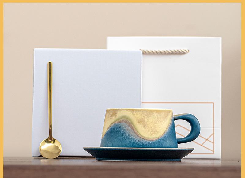 Artistic Ceramic Coffee Cup & Saucer Set with Spoon - Gradient Glaze, 240ml, Gift Boxed Blue