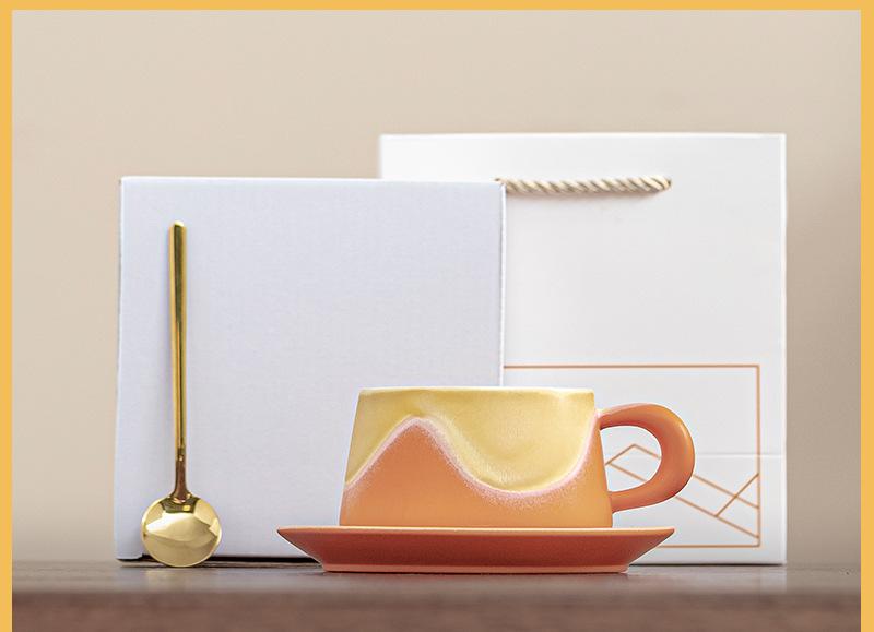 Artistic Ceramic Coffee Cup & Saucer Set with Spoon - Gradient Glaze, 240ml, Gift Boxed Orange