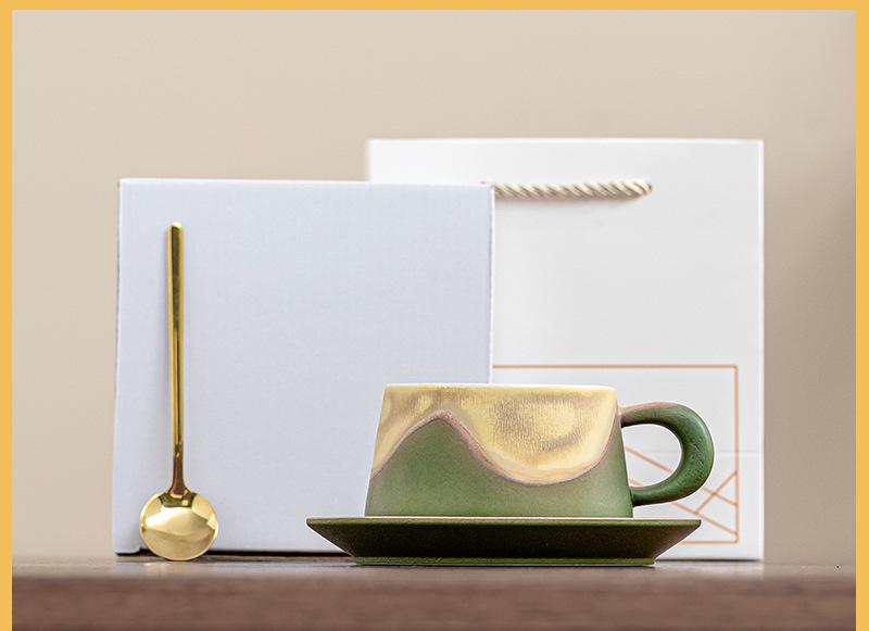 Artistic Ceramic Coffee Cup & Saucer Set with Spoon - Gradient Glaze, 240ml, Gift Boxed Green