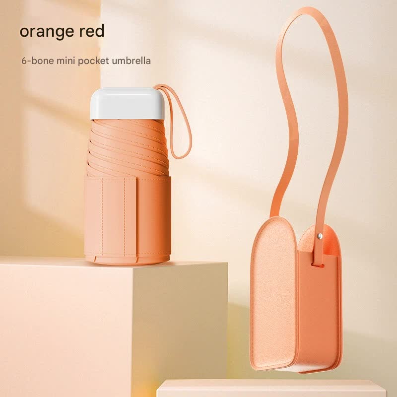 Mini Pocket Umbrella with Matching Crossbody Bag - UV Protection, 6-Rib Windproof Design Orange