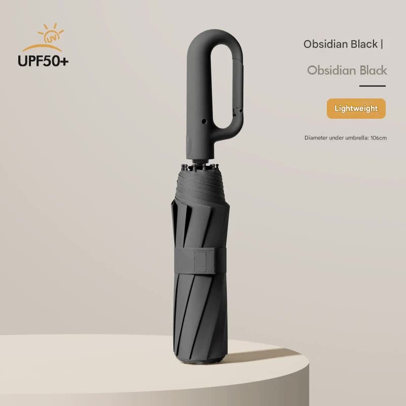 Automatic Open/Close Umbrella with UPF50+ Sun Protection - 10-Rib Windproof Design, Carabiner Handle Black