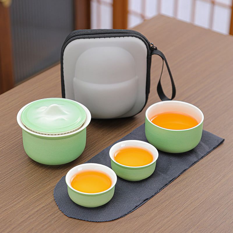 Portable Ceramic Tea Set for Travel - Quick Gaiwan with 3 Cups & Carrying Case Light green