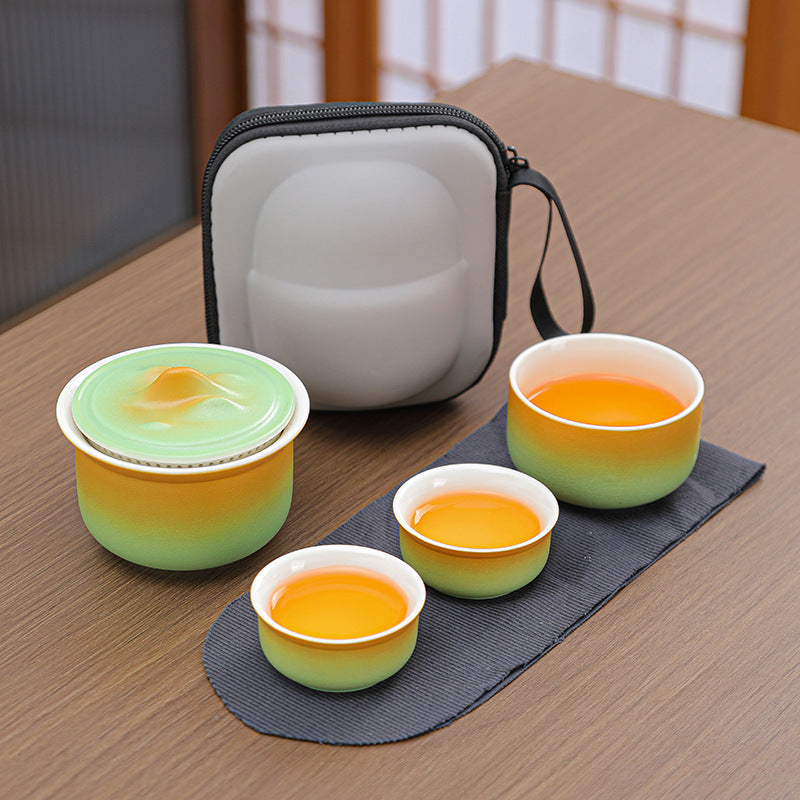 Portable Ceramic Tea Set for Travel - Quick Gaiwan with 3 Cups & Carrying Case Yellow-green gradient