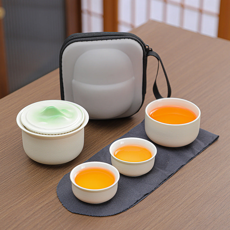 Portable Ceramic Tea Set for Travel - Quick Gaiwan with 3 Cups & Carrying Case White