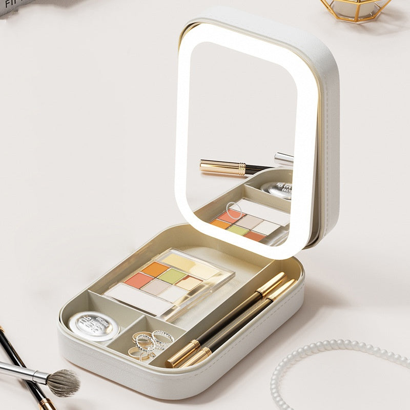 Portable Jewelry & Makeup Organizer Box with LED Touch Mirror - Rechargeable, Adjustable Lighting white