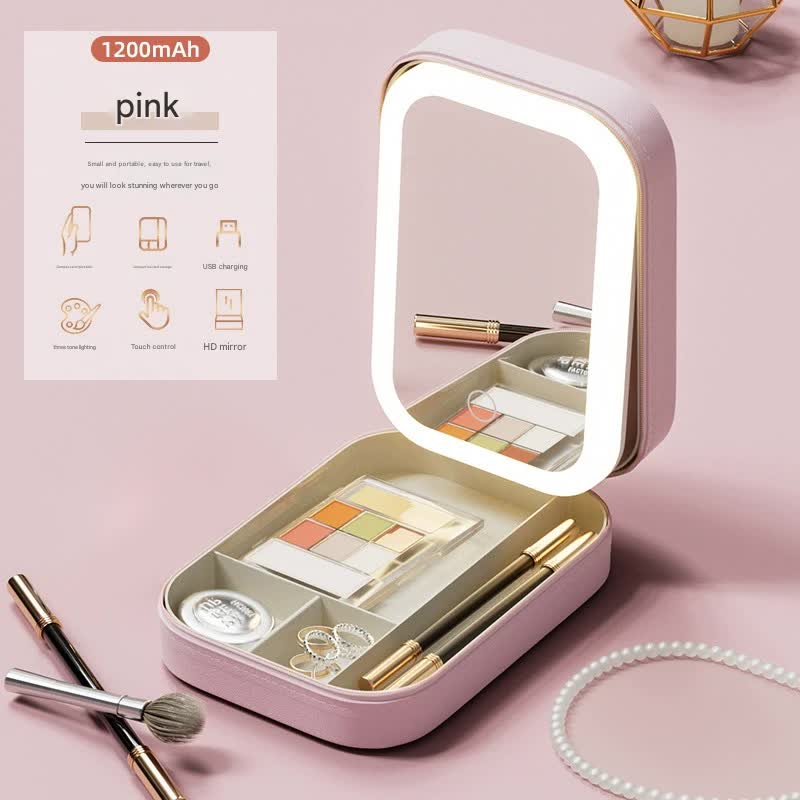 Portable Jewelry & Makeup Organizer Box with LED Touch Mirror - Rechargeable, Adjustable Lighting pink