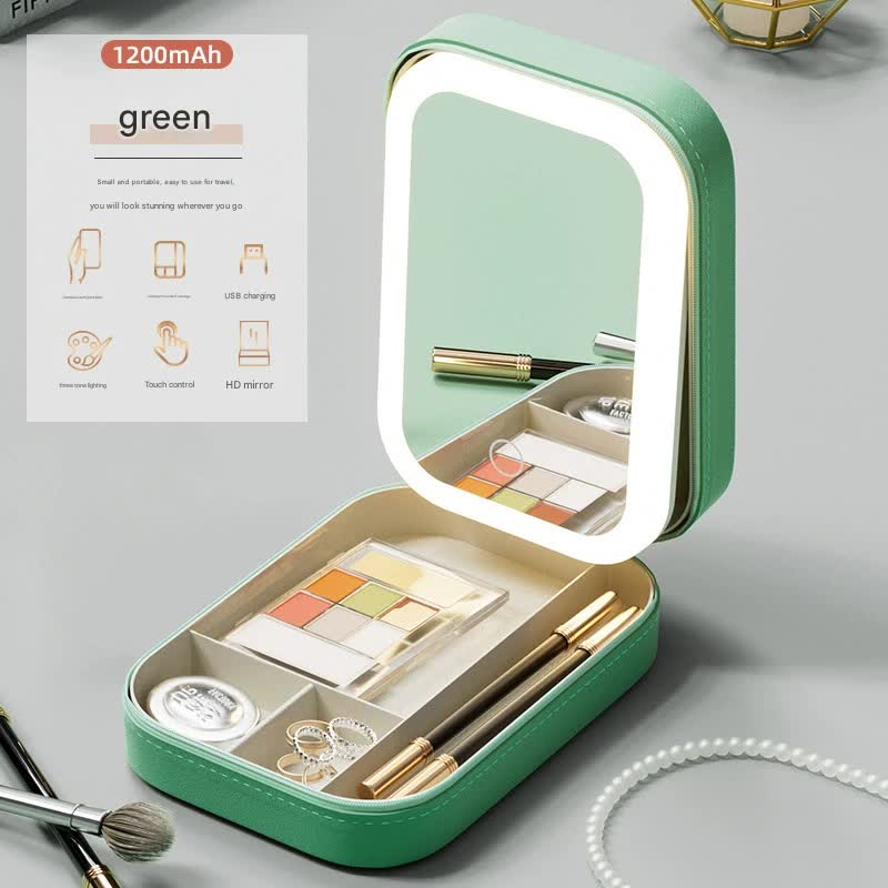Portable Jewelry & Makeup Organizer Box with LED Touch Mirror - Rechargeable, Adjustable Lighting green