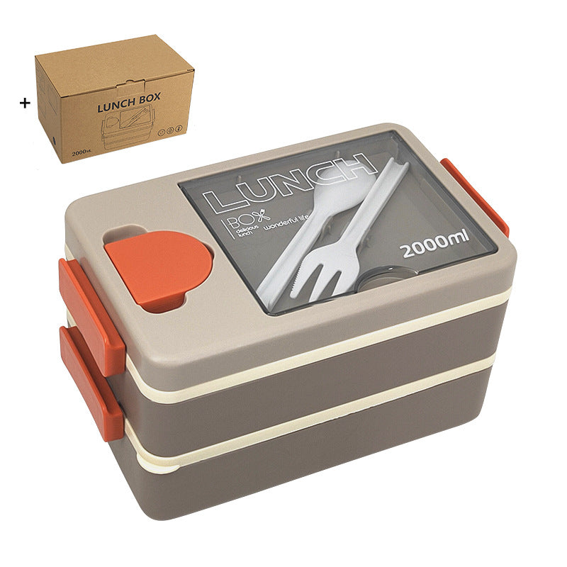 2L Double-Layer Bento Lunch Box - Leak-Proof with Utensil & Sauce Container Grey