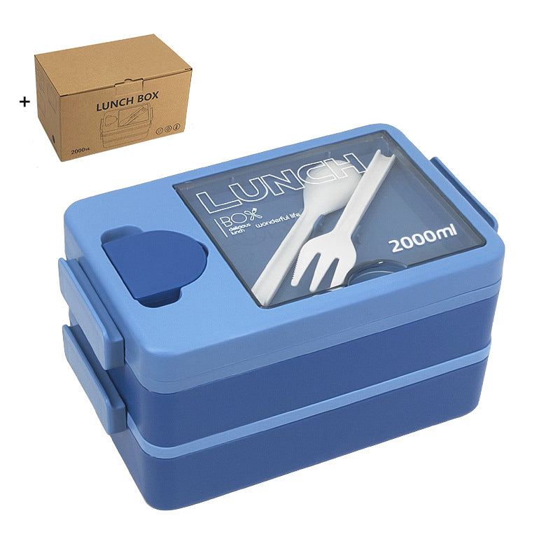 2L Double-Layer Bento Lunch Box - Leak-Proof with Utensil & Sauce Container blue